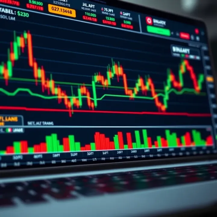 Illustration showing a digital trading platform interface with binary options graphs and charts