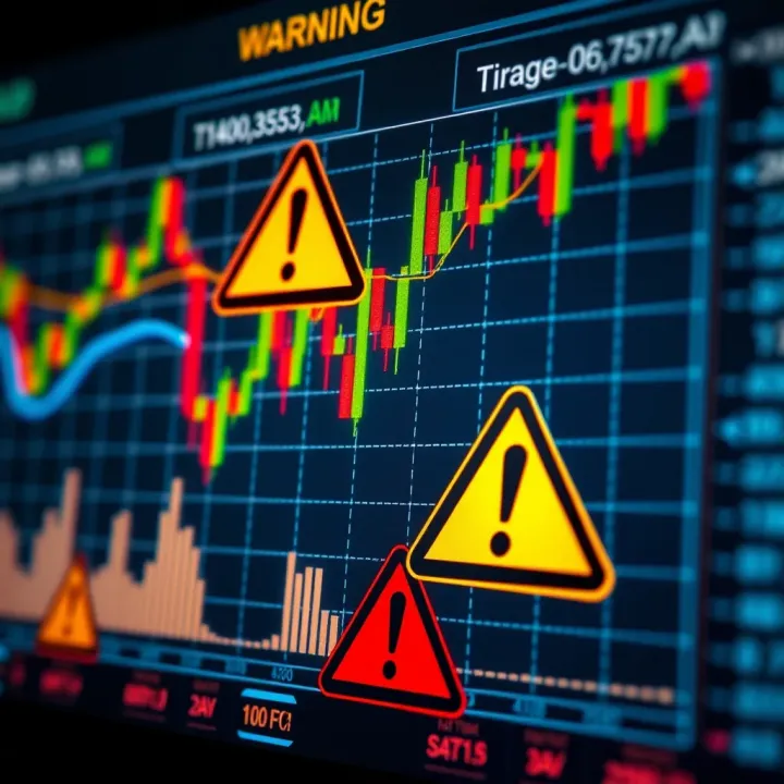 Illustration showing a financial chart with warning symbols indicating fraudulent binary options trading activities