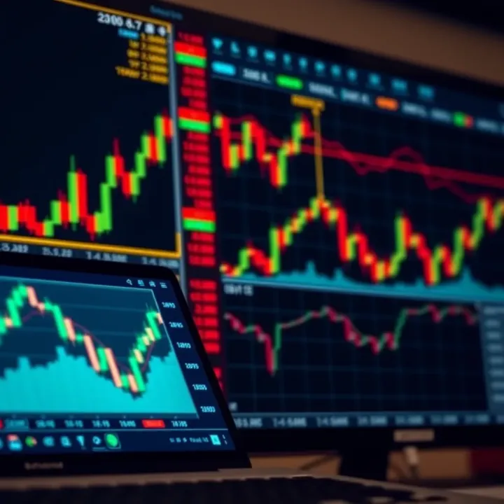 Illustration of binary options trading concept with charts and digital interface