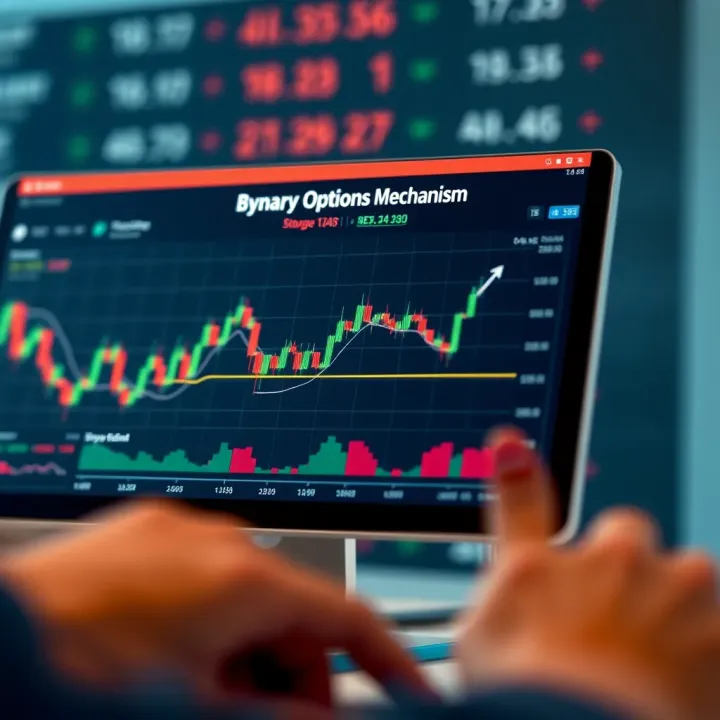 Diagram showing the concept and mechanism of binary options trading with financial graphs