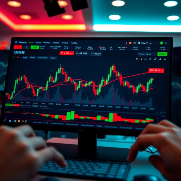 Illustration of binary options trading interface showing charts and buy sell signals