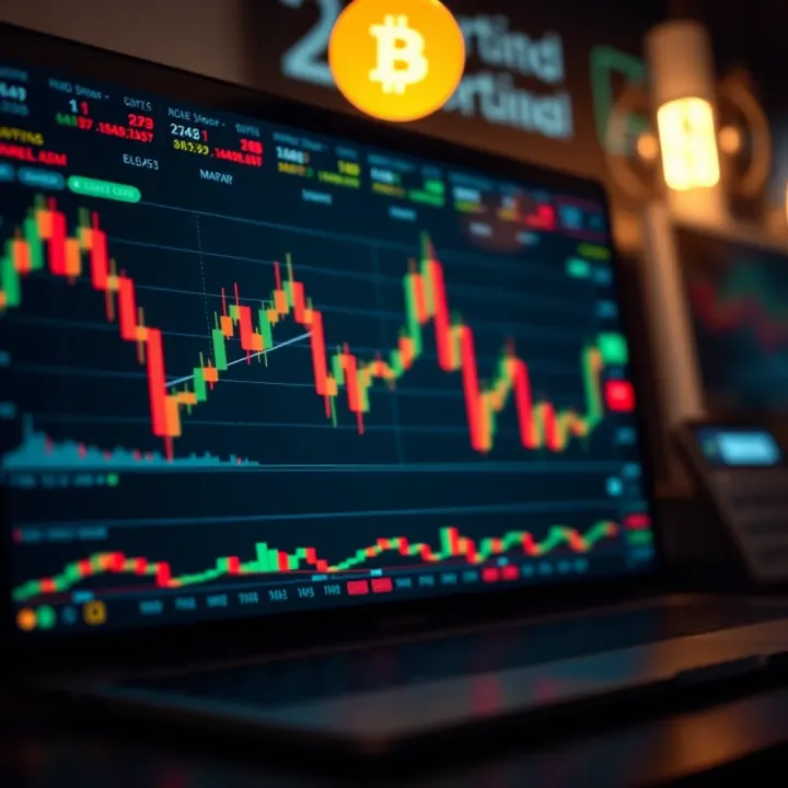 Binary options trading concept with charts and digital currency symbols