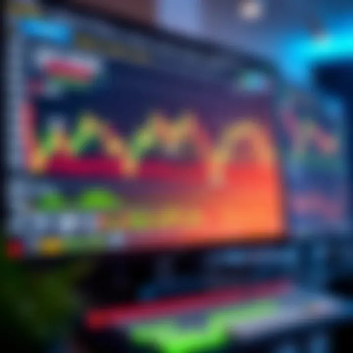 Trading Platform Interface with Real-Time Market Data User interface displaying various trading charts and real-time market data on a computer screen