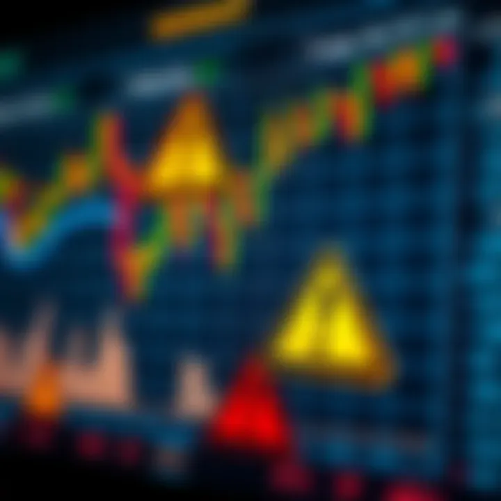 Illustration showing a financial chart with warning symbols indicating fraudulent binary options trading activities
