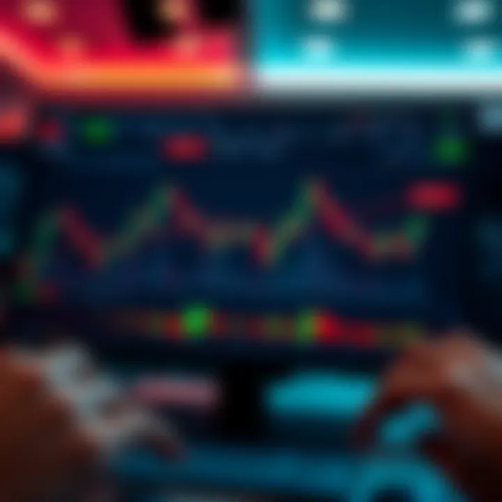 Illustration of binary options trading interface showing charts and buy sell signals