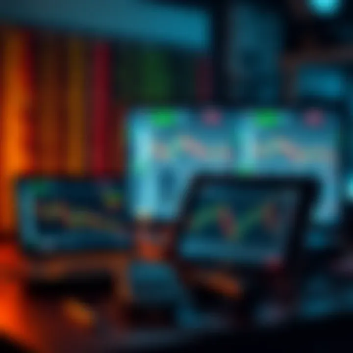Tools and devices displaying binary options trading interface with charts and signal alerts