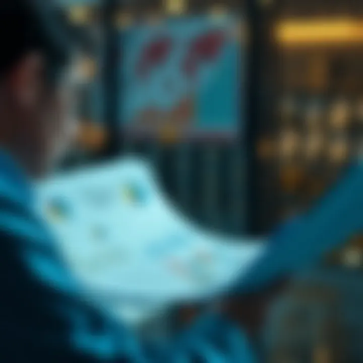Business professional reviewing market research reports and graphs