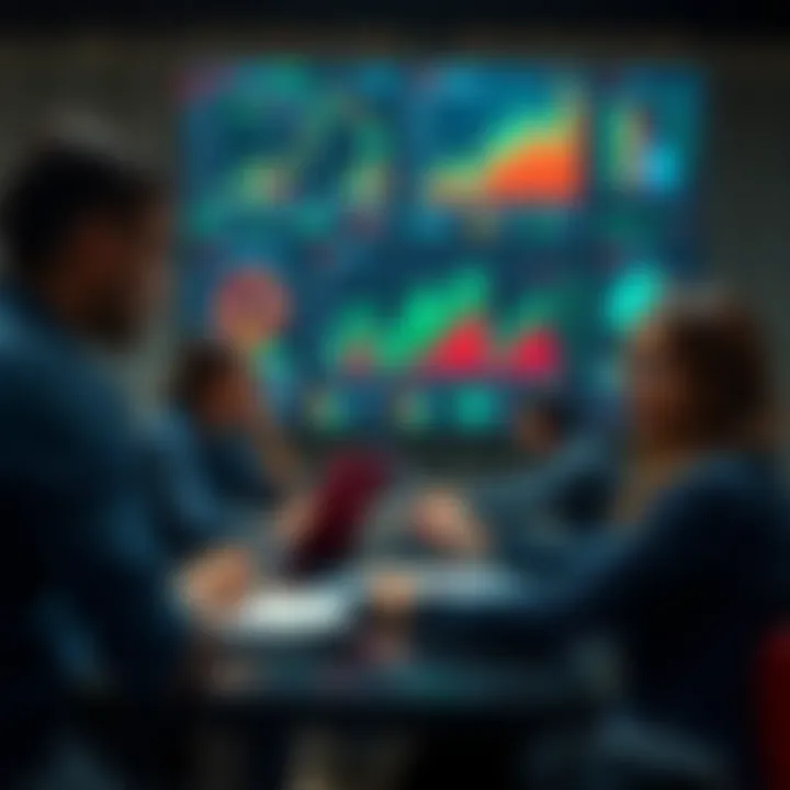 Business strategy meeting with digital market trend presentations and evaluation tools