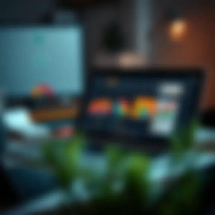 Workspace with laptop showing competitive landscape and customer segmentation tools