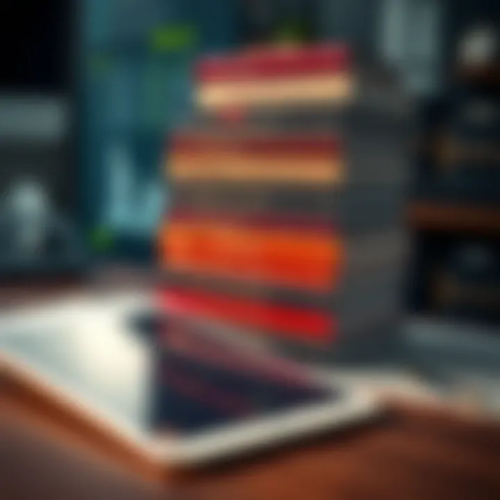 Stack of educational books about binary options investment on a desk with a digital tablet showing market trends
