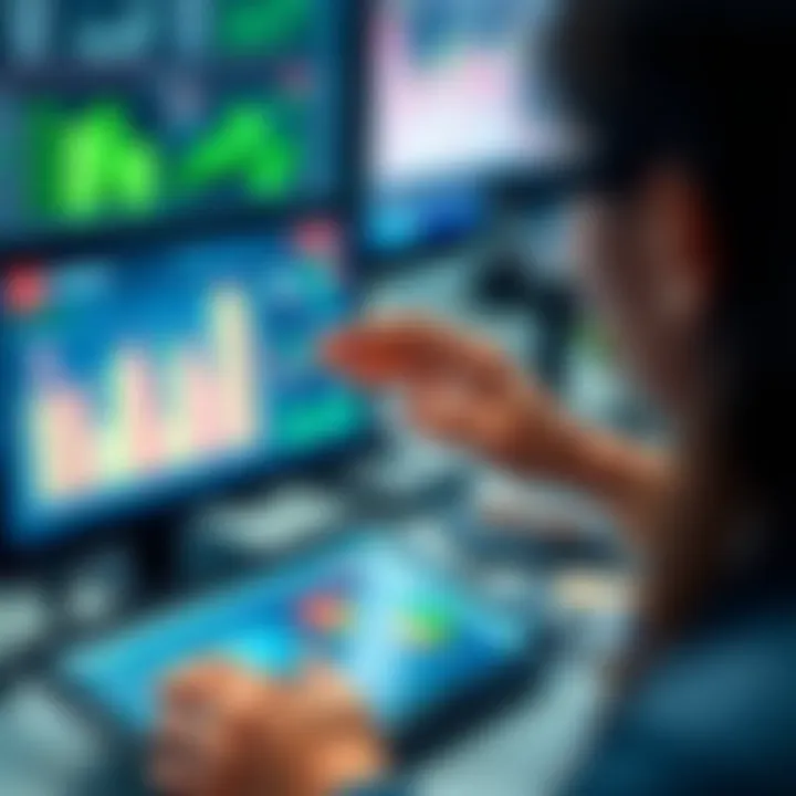 User interacting with financial graphs and tools on a digital device to practice trading strategies