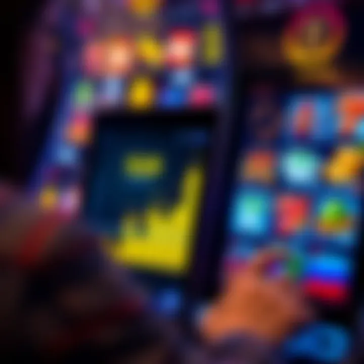 User exploring slot machine interface on a digital device with charts displaying game statistics