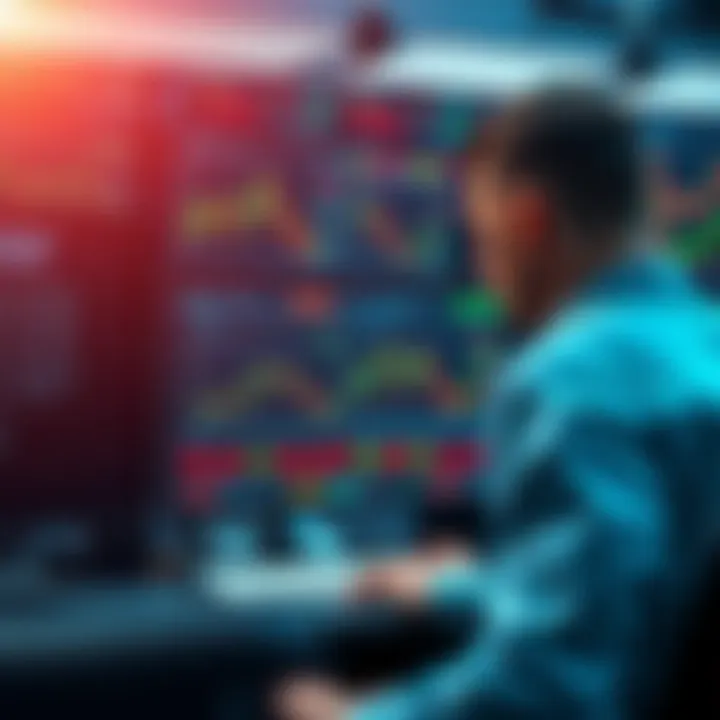 Illustration of a trader analyzing multiple monitors displaying market trends and risk management tools