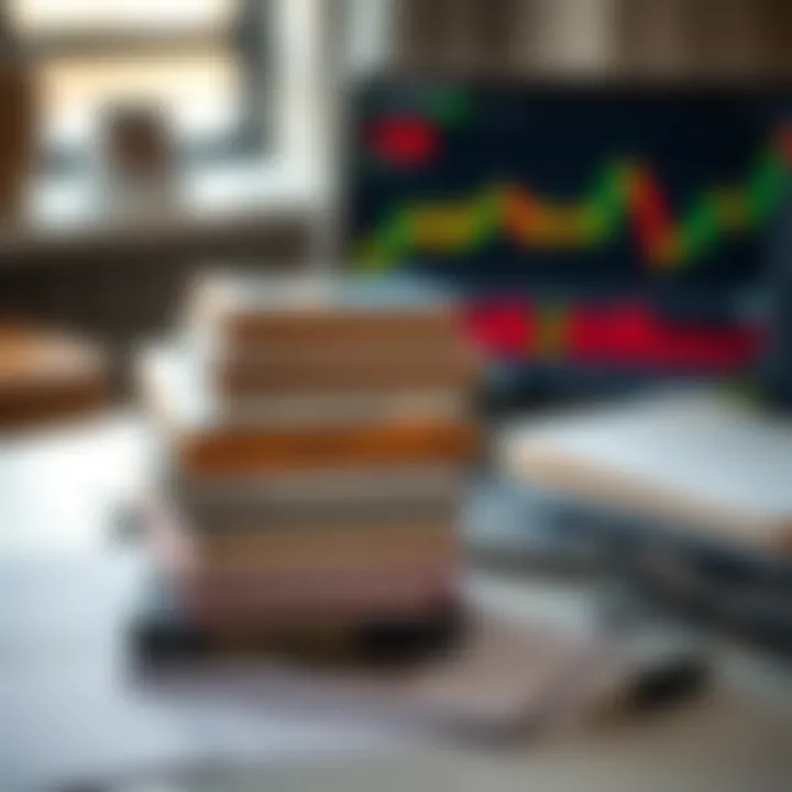 Stack of financial and trading books alongside a laptop displaying stock market data