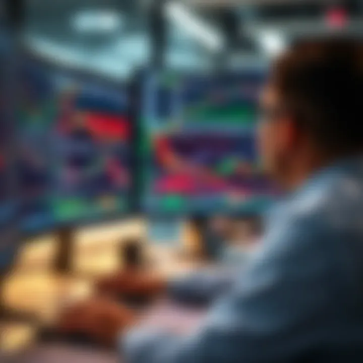 Trader analyzing financial charts on multiple computer screens to develop and test trading strategies