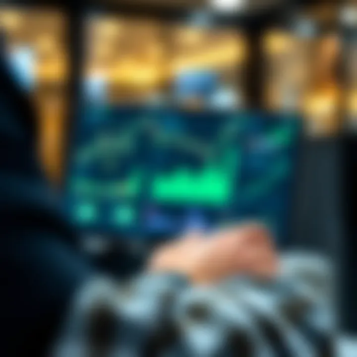 Investor analyzing investment platform interface on a digital device with charts and graphs