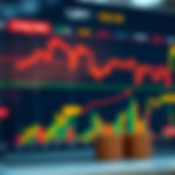 Graph showing forex trading platform with virtual currency values and upward trend indicators