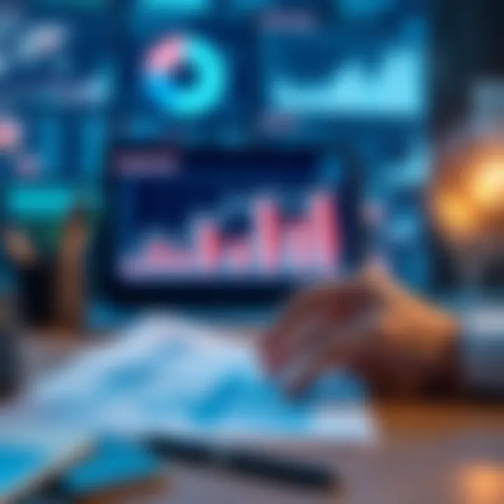 Business person interpreting market research charts and statistics