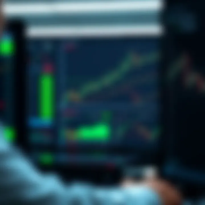 Graph showing stock market trends on multiple screens with trading platform interface