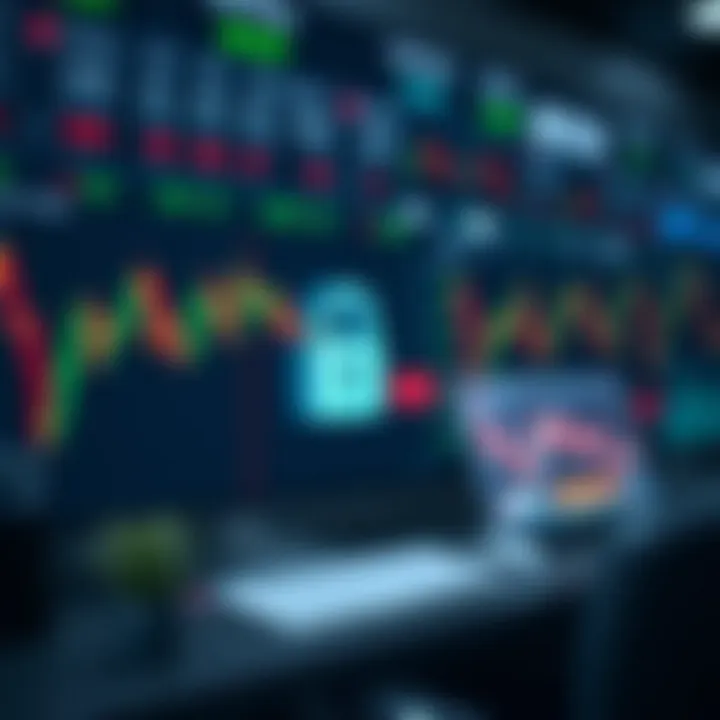 Illustration of a secure trading environment with financial charts and security icons