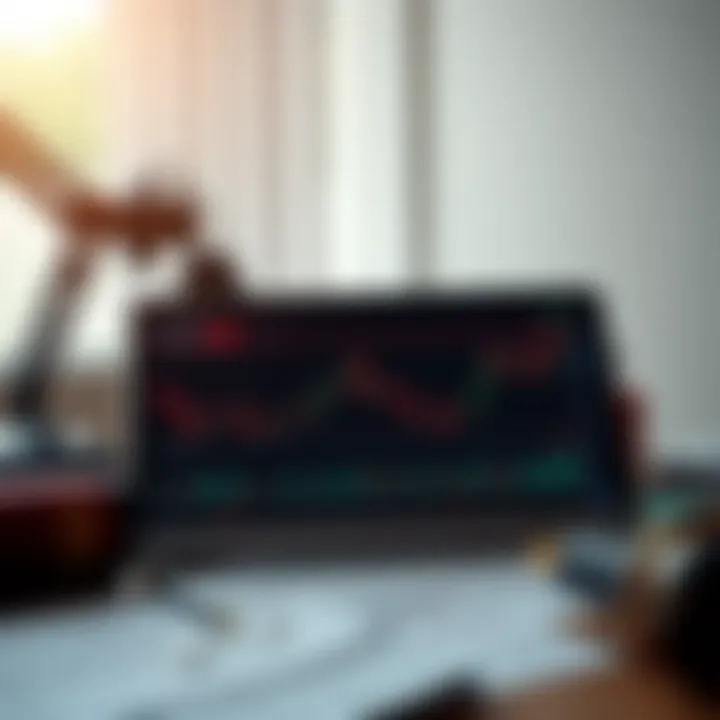 Illustration showing binary options trading charts with tax documents on a desk