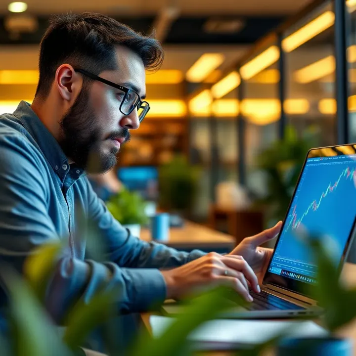 Investor analyzing demo trading platform on laptop screen