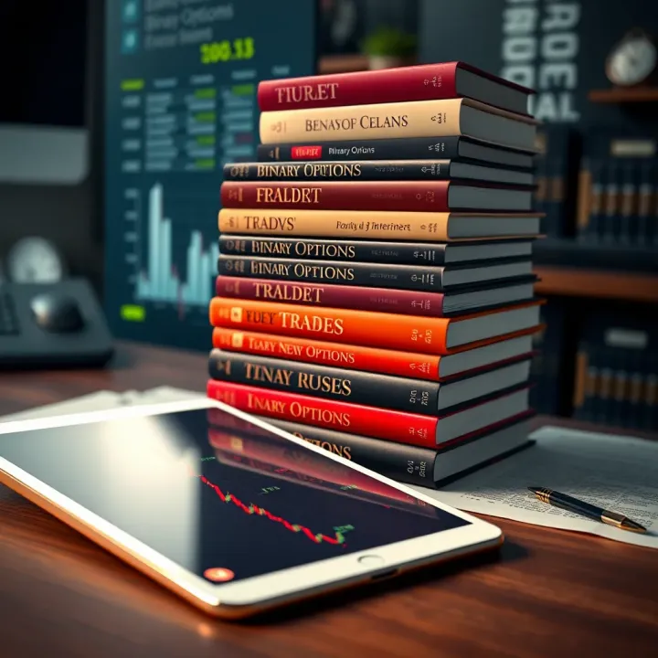 Stack of educational books about binary options investment on a desk with a digital tablet showing market trends