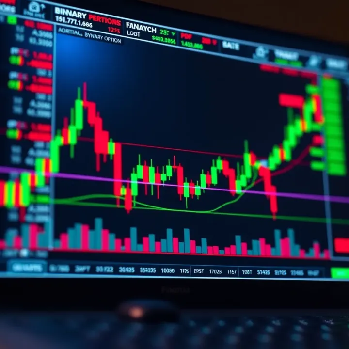 Graph showing binary options trading trends with candlestick chart and financial indicators