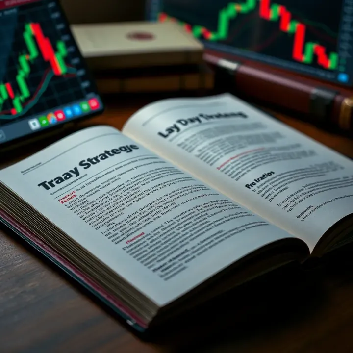 Open book with highlighted text about day trading strategies and financial charts