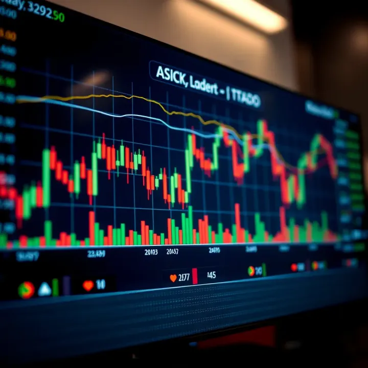 Graph showing stock price fluctuations with candlestick patterns and trading volume