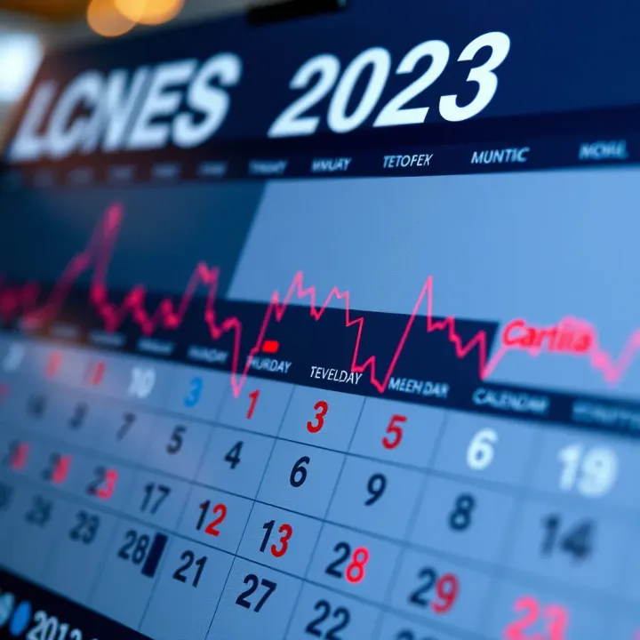 Financial calendar displaying key economic events with charts and data points