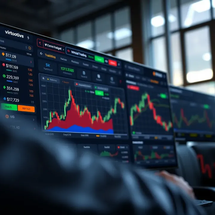 Trading platform interface showing demo account with virtual currency metrics and charts