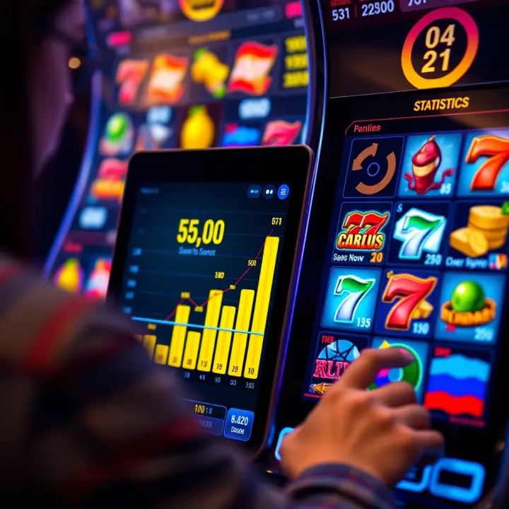 User exploring slot machine interface on a digital device with charts displaying game statistics