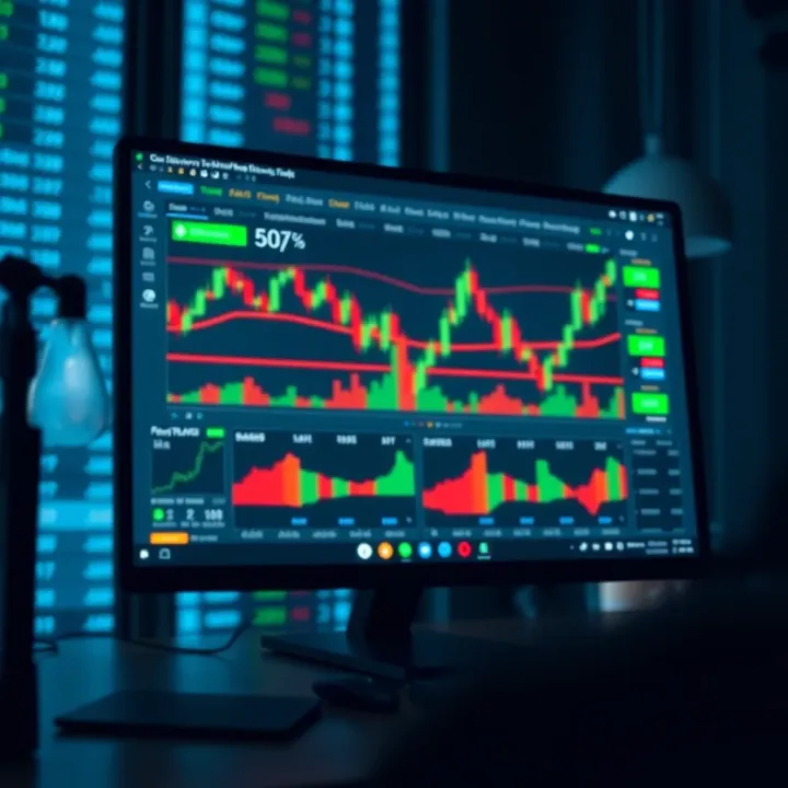 Illustration of a computer screen displaying a stock trading platform with charts and demo account features