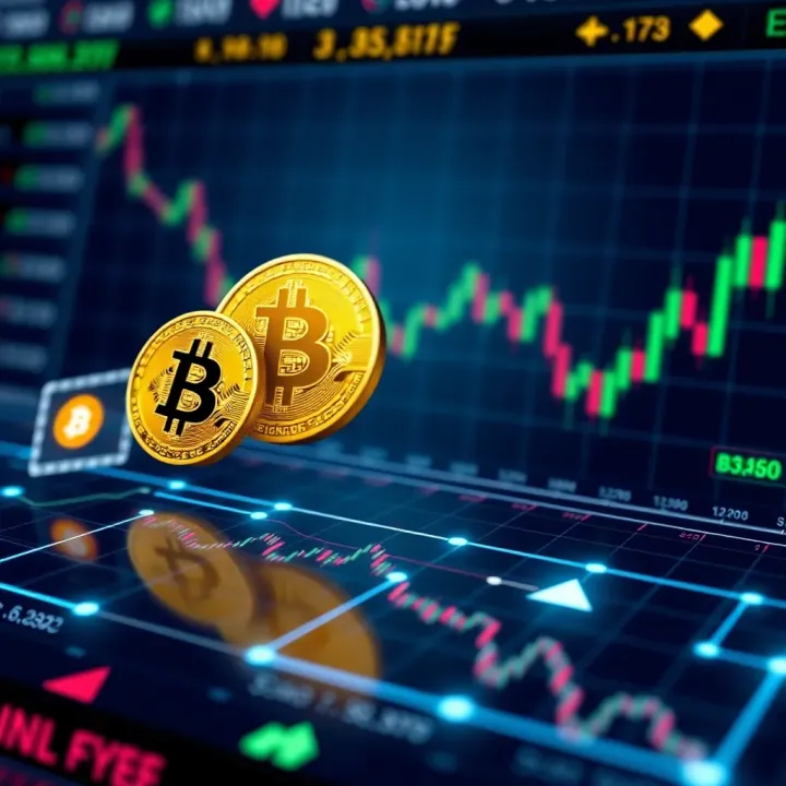 Illustration showing cryptocurrency symbols connected to a digital trading platform interface