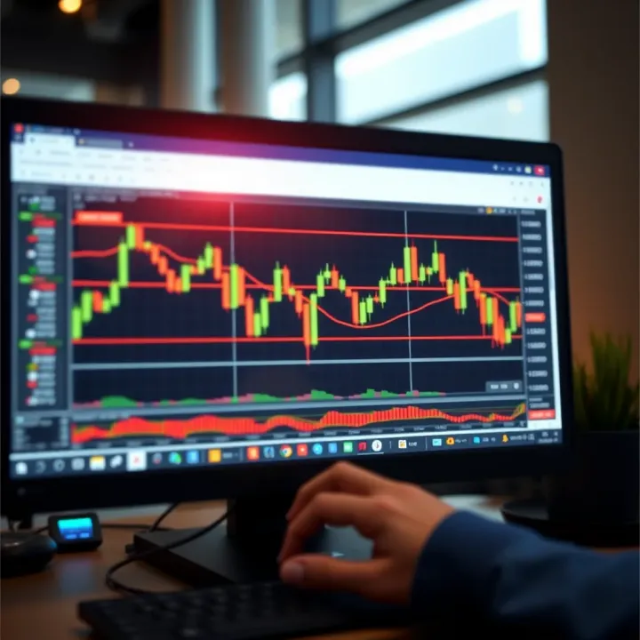 Chart displaying candlestick patterns and trading volumes on a computer screen
