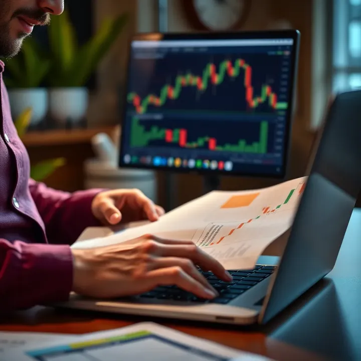 Person reviewing educational material and notes on a laptop with financial graphs visible