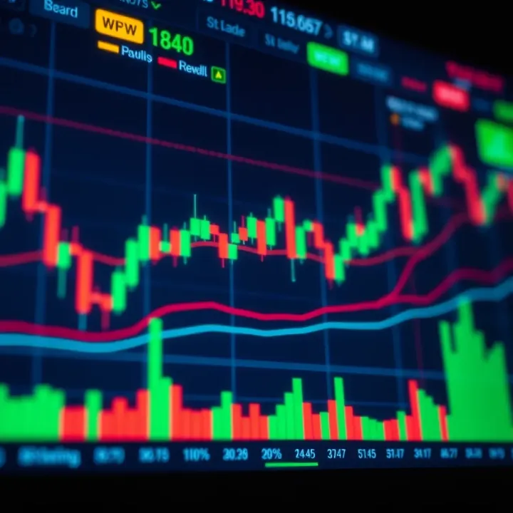 Day trade chart with candlestick patterns and market indicators