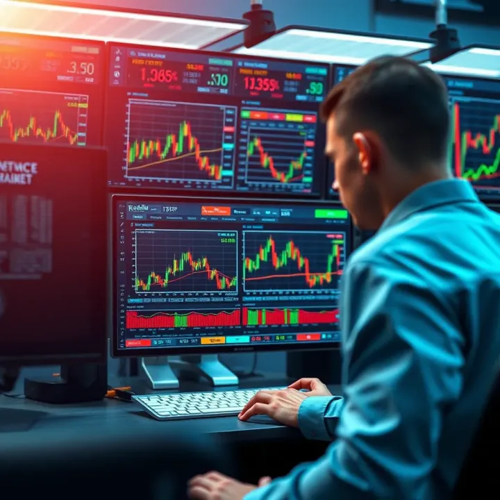 Illustration of a trader analyzing multiple monitors displaying market trends and risk management tools