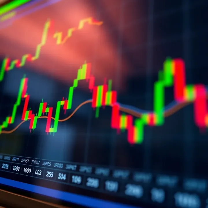 Graph showing stock price fluctuations during a trading day with green and red candlesticks