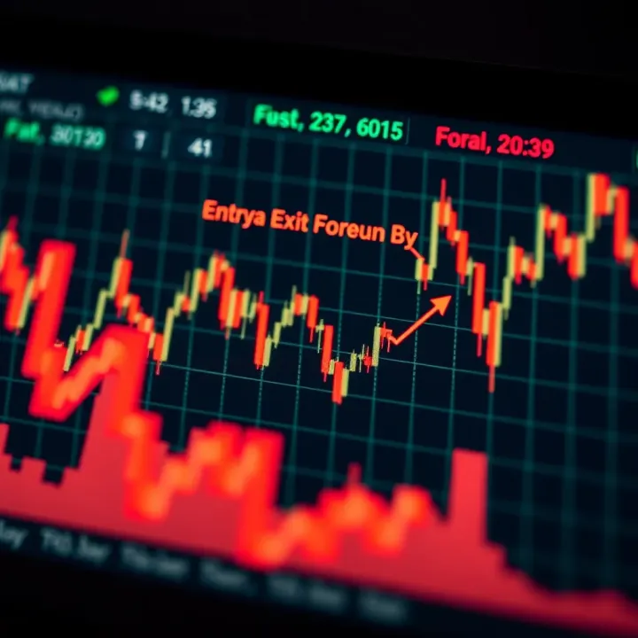 Graph depicting fluctuating currency exchange rates in the Forex market with highlighted entry and exit points