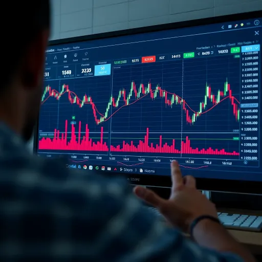 Illustration of a computer screen showing financial market graphs and simulation tools used for practice trading