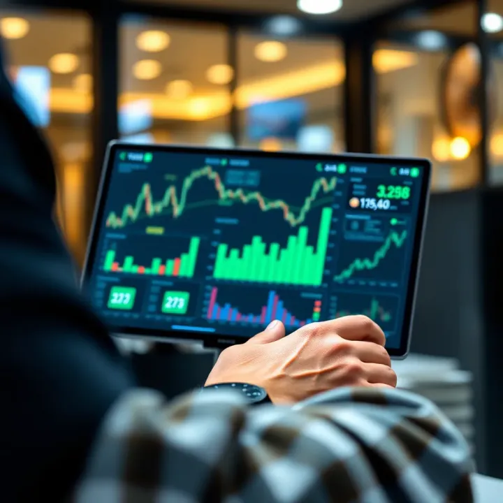 Investor analyzing investment platform interface on a digital device with charts and graphs