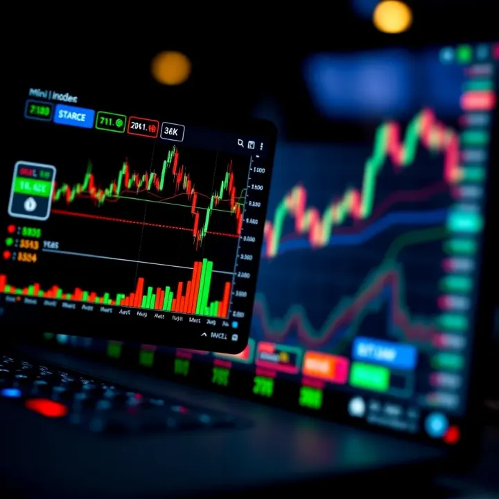 Stock market trading platform displaying mini index demo account interface with charts and trading tools