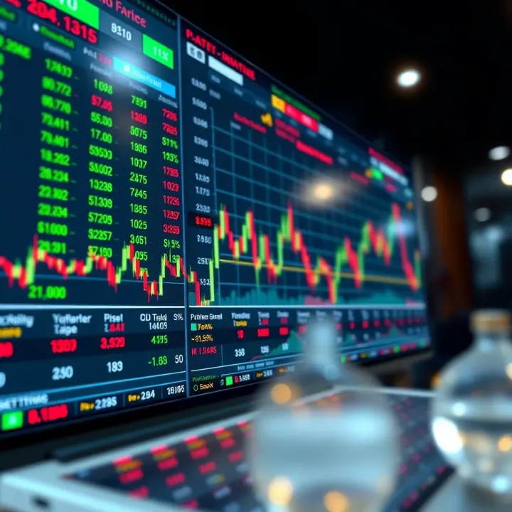 Illustration of a virtual stock trading platform showing simulated stock prices and portfolios