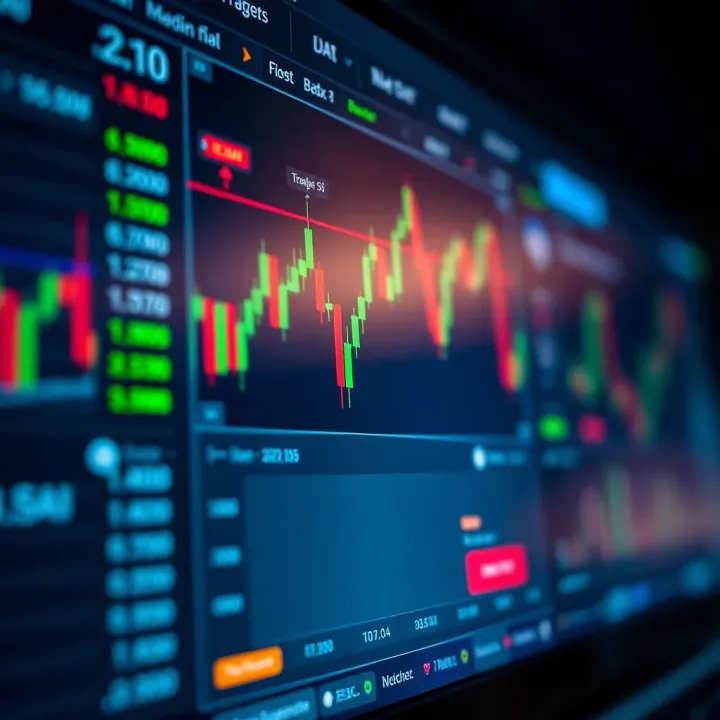 Illustration showing a digital trading platform interface with charts and demo trading options