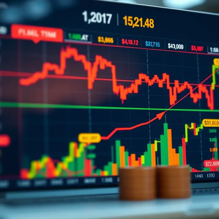 Graph showing forex trading platform with virtual currency values and upward trend indicators