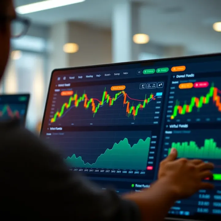 Trading platform interface displaying demo account with charts and virtual funds