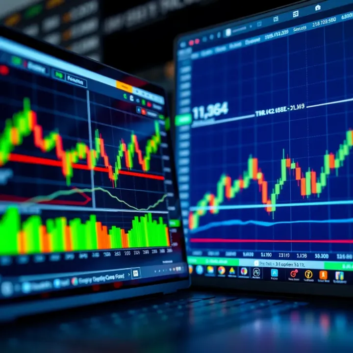Comparison of Forex and Binary Options trading platforms showing charts and currency symbols