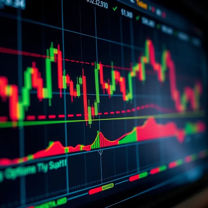 Chart showing binary options trading with technical indicators and candlestick patterns